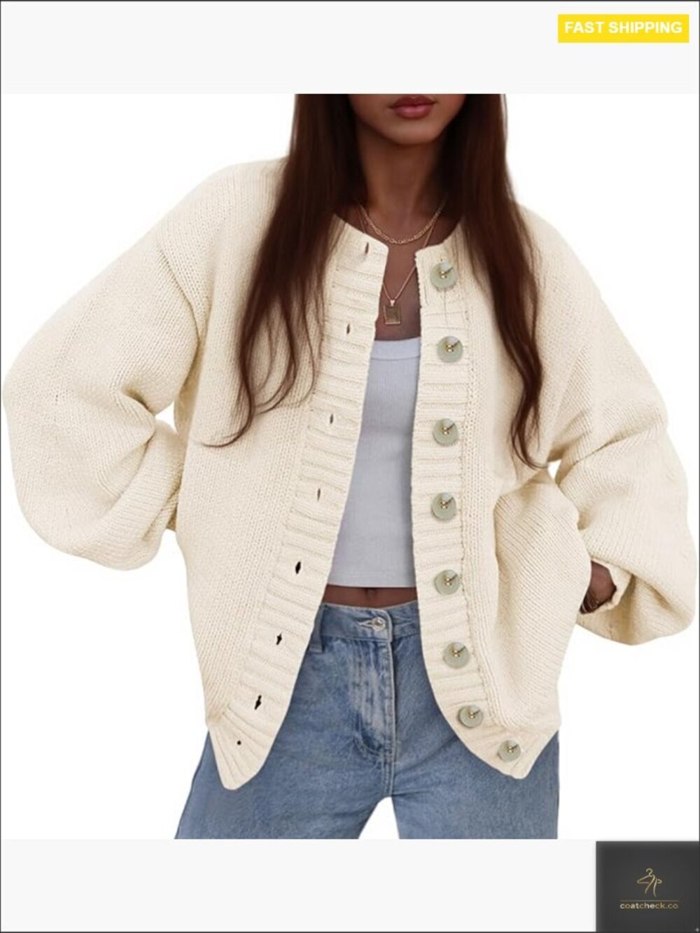 Chunky Knit Cardigan Sweater Oversized Drop Shoulder Lantern Sleeve Button Up